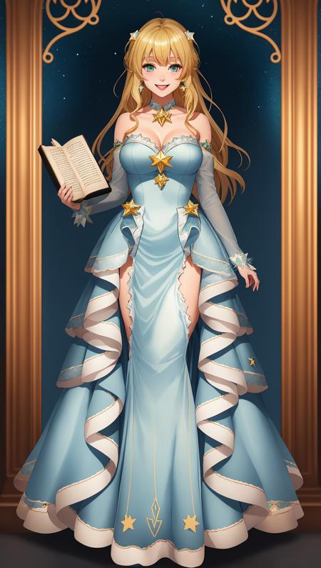 vtubermodel of 1girl , blonde hair , green eyes , magical blue dress, holding a magical book , high quality , extra detailed , rendered, white background, full body, smiling, sharp face<lora:VtuberMakerV2:0.75>