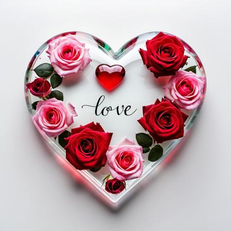 A 4k photograph of a transparent glass heart filled with red and pink roses. The heart is placed on a white surface. The background is high definition. There is a cursive text "LOVE" above the heart. The overall image has multicolor tones and is realistic.
