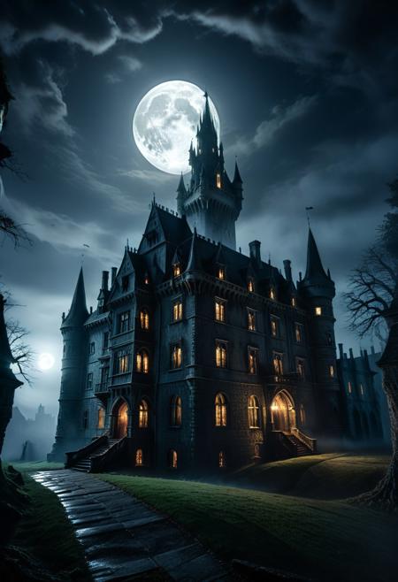 score_9, score_8_up, score_7_up, score_6_up, score_5_up, score_4_up, (absurdres, best quality, masterpiece:1.4), illustration, photorealistic, cinematic lighting, dynamic angle, perfect composition, darkness, haunted castle, glowing moon, dark shadows, eerie atmosphere, misty grounds, towering spires, glowing windows, ghostly figures, ominous, foreboding