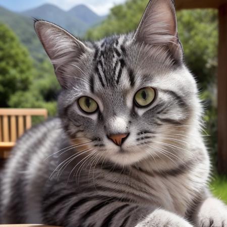 masterpiece, best quality, realistic, <lora:arcibaldocat:0.6>, arcibaldocat, a cat sitting on a table, perfect eyes, upper body, sky background, mountains, trees, bloom, extremely detailed, cinematic lighting, (4k, hyper detailed), Global Illumination, (film grain:0.9), cute, best quality, DSLR, 24 Megapixels, Full Frame, , intense angle, masterpiece, portrait wallpaper