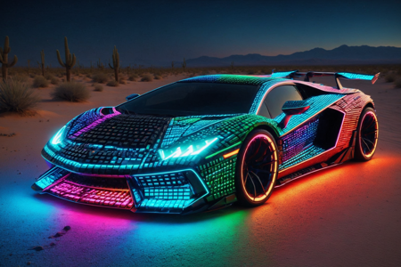 a sleek sports car made out of RGB Keyboards, with aerodynamic curves, glowing headlights, solo, futuristic doors with RGB lights, upward opening, a neon garage with sleek tools glowing with RGB lights, neon accents, detailed background, parked in a desert, sand around, holographic markers with RGB lights nearby, dynamic angle, wide shot, a glowing RGB drone with RGB lights, nearby, best quality, vibrant colors, realistic style, high detail, high-definition, hyper-realistic, extremely high-resolution details, fine texture, incredibly lifelike, realistic, not cartoon, not drawing, highres, 4K resolution, source photo, realistic photo, masterpiece, best quality, amazing quality, very aesthetic, ultra-detailed, detailed textures, natural lighting, soft light, neon RGB colors, vibrant reds, blues, greens, holographic glow, futuristic and shimmering, overhead shot, <lora:RGB_Keyboard_themed-000008:1>