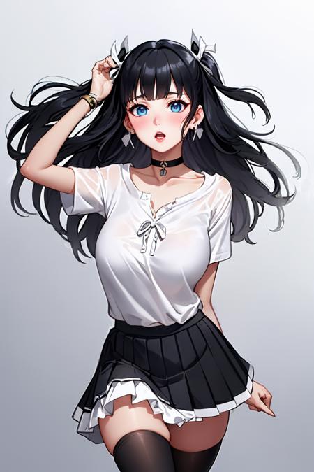 (masterpiece, best quality:1.2),  <lora:league_of_angels:.9>, league of angels, 1girl, solo, skirt, blue eyes, black hair, thighhighs, shirt, long hair, choker, black thighhighs, pleated skirt, white shirt, black skirt, short sleeves, looking at viewer, breasts, arm up, bangs, white background, black choker, hair ribbon, wristband, ribbon, one side up, zettai ryouiki, blush, simple background, large breasts, cowboy shot, open mouth, jewelry, gradient background, gradient, standing, blunt bangs, white ribbon, collarbone, parted lips, earrings, miniskirt, shirt tucked in