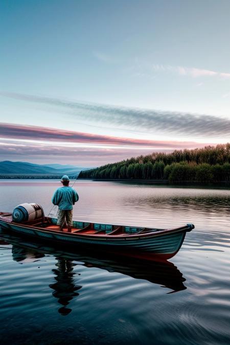masterpiece, best quality, ultra-detailed, realistic, 8k, RAW photo, distant-view, (fisherman fishing on small boat in the middle of the lake, small fish were flying on the water around the fisherman:1.37), award winning realistic photography, morning, a bit cloudy, scenery photography, perfect shadow, perfect natural lighting, rich colors, perfect composition, perfect colors, flawless complexion photo, perfect intricate detailed, lakes, surreal, lifelike, real life scenery photo, top quality, trending on artstation, meadows, glitter, prettiest landscape, all kinds of flowers, fantastic, stunning, outstanding, breathtaking beautiful nature photo, out-of-this-world scenery, perfect reflection on water, depth of field,