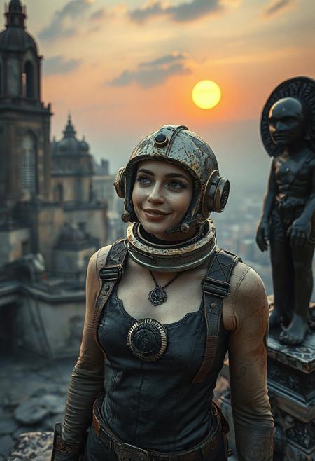 A beautiful woman from the Doomed 1920s era, wearing deep-sea diver suit, rusted and cracked, twilight under a dying sun, set in cyclopean city of non-Euclidean geometry, with a black stone idol, standing at the edge of reality, with a maddened grin, distorted wide-angle, faint chanting in forgotten tongues, amulet pulsing with vile energy. with screams buried in silence, and flesh that forgets its shape