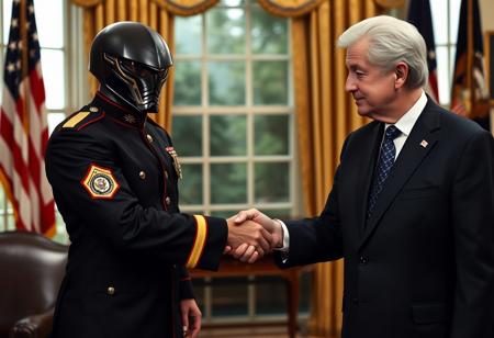 cobra commander in an immaculate military dress uniform posing for photo shaking hands with president clinton of the united states in sharp suit inside the oval office, real photograph,  dark empty eyes, demonic, photorealistic, correct hands, correct fingers, presidential seal, vote button, campaign photo, election, elegant scene