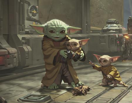 mndlr style, baby yoda playing with a cat