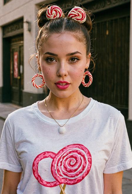 upper body portrait, latina, necklace, hoop earrings, rose on hair, brunette, double bun, pale skin, skin texture, pink lipstick, white t-shirt, holding big round lollipop, confident pose, warm colors, sharp focus, urban setting (masterpiece, best quality, high quality, highres, ultra-detailed), RAW candid cinema, 16mm, color graded portra 400 film, remarkable color, ultra realistic, textured skin, remarkable detailed pupils, realistic dull skin noise, visible skin detail, skin fuzz, dry skin, shot with cinematic camera
