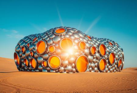 a building formed of metallic bubbles in the middle of a desert
its windows are circular and oval lit from withing by orange light
it's organic in shape and covered in hexagonal tiles
the metallic panels shine and glitter under the bright sun shining rays into the surrounding sand