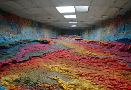 outsider art world, Idea: "Knitted Abstract Landscapes" Description: Create abstract knitted artworks inspired by landscapes or natural scenery. Use bold colors, different knitting techniques, and textured yarns to evoke the emotions and essence of the natural world. art brut