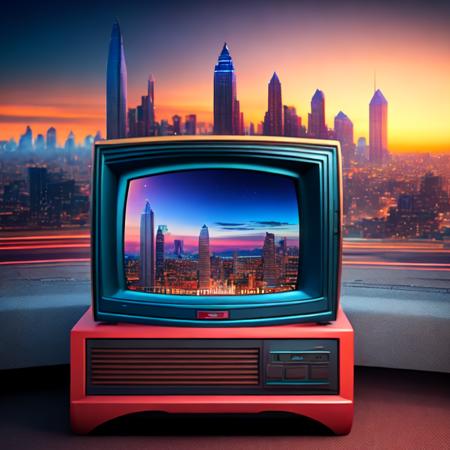 (tvcity:1) an old television set with a city skyline in the background <lora:djzTVcityV21_LoraBooth:1>