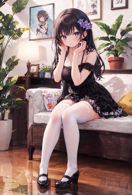 masterpiece,best quality,absurdres,
1girl,beautiful detailed girl,fine and beautiful detailed skin,perky breasts,microskirt dress,white legwear,thighhighs,
(extremely detailed beautiful background:1.1),indoors,flower pot,potted plant,full body,
ray tracing,reflection light,