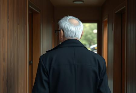 A highly detailed, realistic 3D digital illustration style, view of the back of an old writer exiting his home, going outside. He's wearing black trenchcoat. The writer's short white hair is combed back, slightly receding hairline. From the side are visible his sideburns,  his chiseled, narrow face with a strong jawline and prominent cheekbones, and his black round glasses. The walls of his hallway are covered in wood, the concrete painted light green.