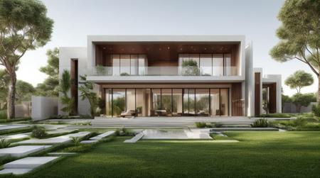 Modern Exterior design of villa,(masterpiece), best quality,8K,no humans, tree, sky, reflection, grass,window,  <lora:Modern_Exteriors by (Archilabstudios):0.5>,<lora:add_detail:0.5>