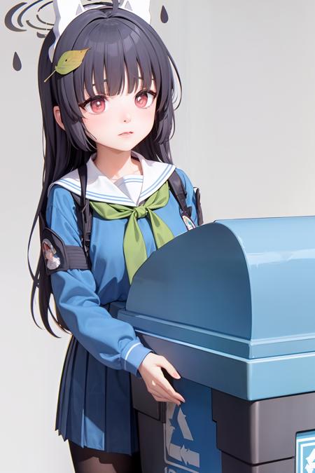 masterpiece, best quality, <lora:KasumizawaMiyu:1>,trash can,in contain,miyu \(blue archive\), 1girl,halo,leaf on head, ahoge,animal ears,black hair,long hair,red eyes,green neckerchief,blue school uniform,sailor collar,long sleeves,pleated skirt,white pantyhose,grey background,