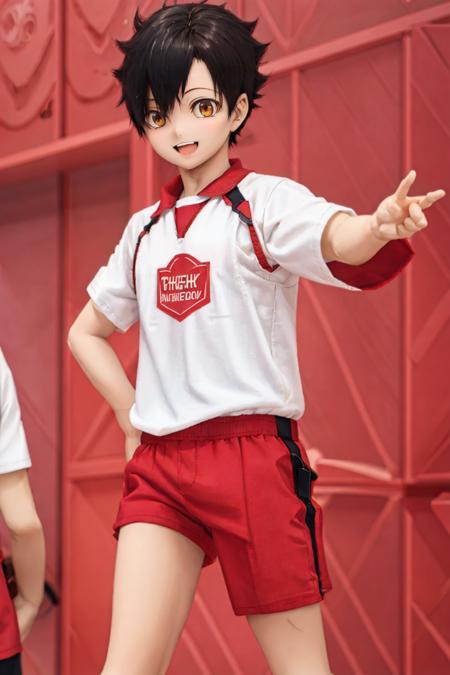 masterpiece, best quality, 1boy, <lora:kuroo:1>, solo, black hair, brown eyes, sportswear,  red shirt, red shorts, half body, simple background, open mouth smiling,  <lora:dd:0.5>, looking at viewer