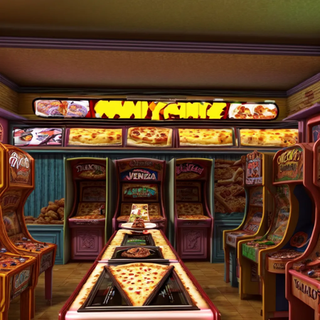 Inside a busy 80s style arcade, pizza and buffet in the middle, manny people.<lora:VaporWave_Style:0.8> <lora:add_detail:0.8> <lora:Polychrome:0.8>