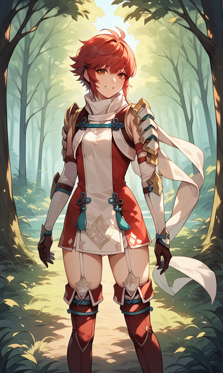 hinoka, shoulder armor, thighhighs, garter straps, scarf, 