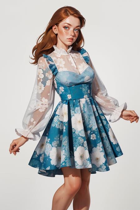 blu3fl0r4l,see-through,blue dress,floral print,puffy long sleeves