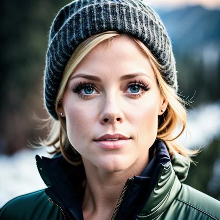 juliebowen, an attractive woman, on a (mountain-top), wearing a (coat), (heavy-rainstorm:1.1), (8k, best quality, depth of field, ultra high res:1.2), (absurdres, intricate, photorealistic, masterpiece, ultra-detailed, Unreal Engine:1.3)