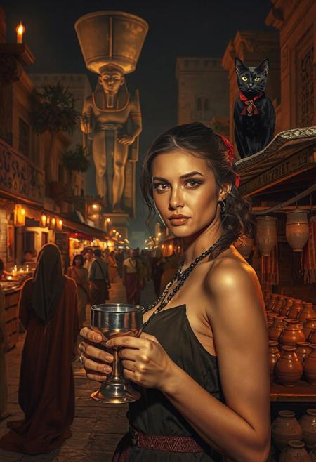 Setting is ancient Egyptian street market at night, ((all writing is in egyptian hieroglyphs)), ((all lighting is by candles, and flame torches,  the market is comprised of street vendors selling food, weapons, and clothing. People wearing Ancient Egyptian clothing are walking through the street market shopping and eating, A sleek black cat (Bastet) with red collar sits on a nearby wooden roof at a market kiosk. Behind the a kiosk counter are clay containers of egyptian beer, (((a beautiful woman, 24 years old, is standing in the foreground facing the viewer with a metal goblet of beer in her hand. Her eyes are beautiful and focused on the viewer, she has an expression of interested curiosity))), the woman is dressed in Ancient Egyptian style clothing combining a sexy and classic Ancient Egyptian aesthetic. Enormous Ancient Egyptian statues are visible in the background and smaller statues and Ancient Egyptian architecture is prevalent in the market, The woman's hair is elegantly tied up with a ribbon. Artistic Ancient Egyptian aesthetic, dynamic perspective, (((overall architectural aesthetic is Ancient Egyptian))).  Epic image that elicits a feeling of wonder and awe,