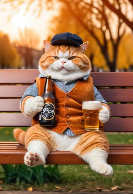 anthropomorphic Fat chubby ginger cat wearing a vest and cap sitting on park bench and drinking beer in park, holding beer bottle with paw, dynamic angle, warm hues, realistic, photorealism, hd, 8k, high definition, BREAK, score_9, score_8_up, score_7_up, score_6_up