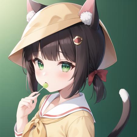 (masterpiece, best quality:1.2),illustration,8k,hd,1girl,solo,upper body,(portrait:1.2),animal_ears,cat_ears,short_hair,twintails,brown_hair,ribbon,tail,short_twintails,cat_tail,green_eyes,hat,bow,animal_ear_fluff,tail_ornament,school_hat,cat_girl,tail_ribbon,hair_between_eyes,aqua_shirt,ears_through_headwear,kindergarten_uniform,long_sleeves,pleated_skirt,shirt,skirt,yellow_headwear,yellow_skirt,bangs,red_ribbon,hair_ribbon,tail_bell,tail_bow,purple_eyes,bowtie,red_bow,yellow_bow,white_sailor_collar,low_twintails,<lora:Mutsuki(azur)>,