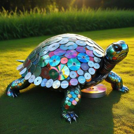 turtle made of cd's, Turtle Sculpture, CD Discs, Recycled Art, Colorful Reflective Surface, Creative Design, 3D Art Installation, Environmental Art, Upcycled Materials, Nature-Inspired, Artistic Composition, Playful Appearance, Shimmering Effect, Textured Shell, Eco-Friendly Artwork, Whimsical Style, tetrapod, four legs