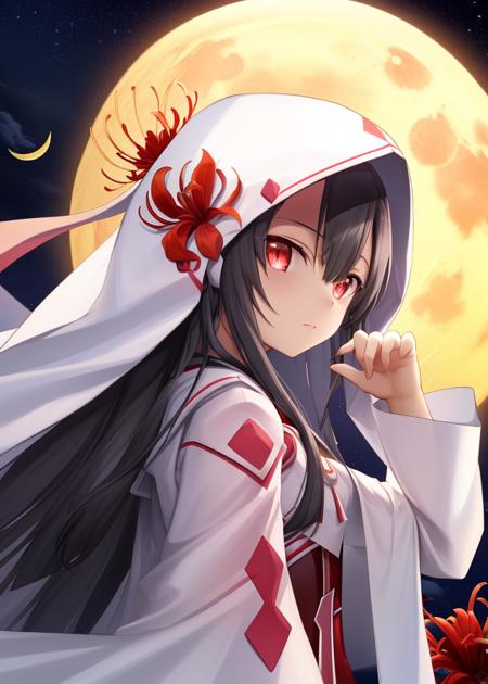 <lora:Koori_Chikage-10:1>,Koori_Chikage, 1girl, solo, long hair, looking at viewer, black hair, red eyes, very long hair, flower, sky, cloud, hood, night, moon, red flower, cloak, full moon, spider lily