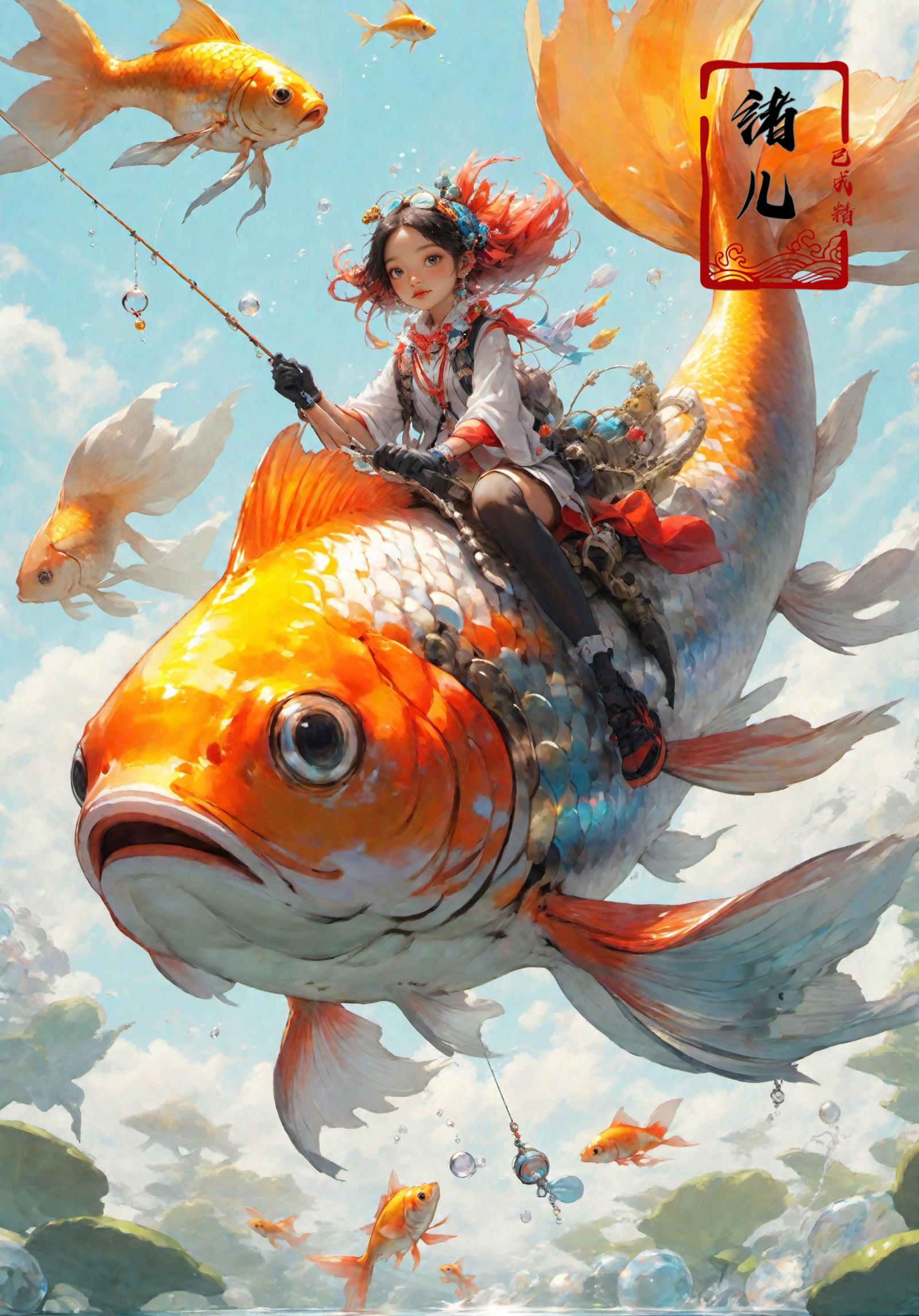 A young girl riding a kite shaped like a fish.