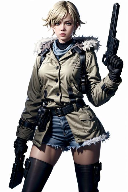 (masterpiece, best quality)
SherryRE, 1girl, solo, weapon, gun, blonde hair, boots, gloves, handgun, belt, knee boots, pantyhose, fur trim, full body, realistic, coat, white background, short hair, simple background, blue eyes, lips
<lora:add_detail:0.5>,  <lora:SherryRE:0.7>