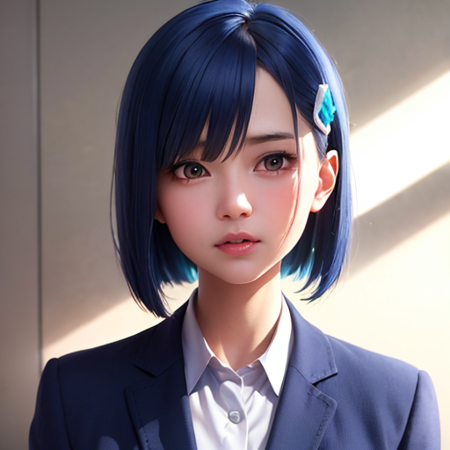 ultra realistic 8k cg, picture-perfect face, flawless, clean, masterpiece, professional artwork, 1girl, blue hair, short hair, ichigo, hairclip, uniform, <lora:qqq-ichigo-v1:0.6>