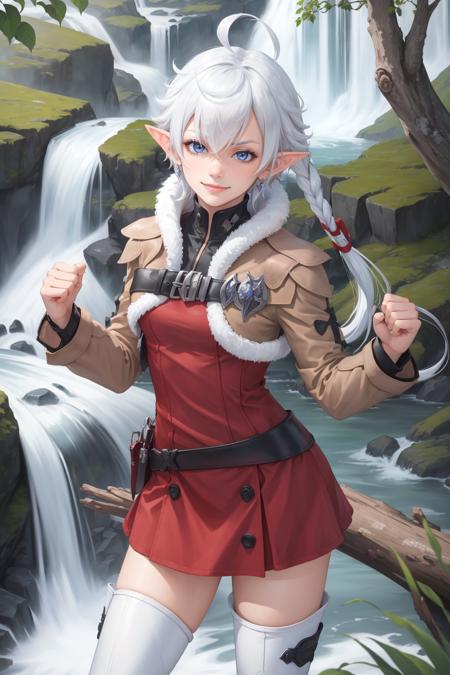 masterpiece, best quality, 1girl, alisaie, single braid, hair ribbon, brown jacket, red dress, fur trim, belt, thigh boots, standing, waterfall, looking at viewer, smug, furrowed brow, smile, hand up, fists <lora:alisaie-nvwls-v1-000012:0.9>