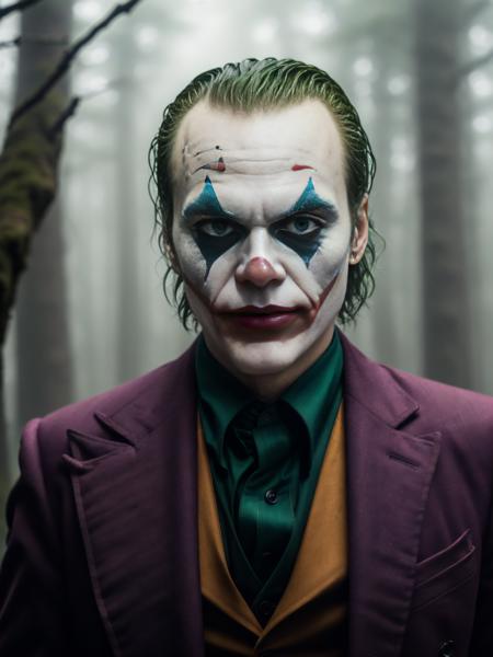 A powerful portrait of The Joker, <lora:Joker:0.2> stunning quality, (standing in a forest), Canon EOS R, 50mm lens, prime lens, masterpiece, deep depth of field, sharp focus, (intricate textures:1.2), (dream-like atmosphere:1.2), high quality, 8k, stunning quality, (haze:1.3), (detailed haze:1.3)