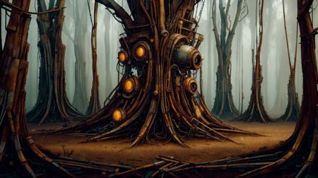 RAW Photo of worldofscrap trees intertwined with cybernetic wires in a futuristic forest, corroded, broken, junker <lora:WorldofScrap:1><lora:add_detail:0.6> <lora:LowRa:0.2>, (Masterpiece:1.3) (best quality:1.2) (high quality:1.1), highly detailed,perfect proportions,sharpen,16k resolution,HDR,sharp shadows,bloom,awe inspiring,enchanting atmosphere,cinematic color grading