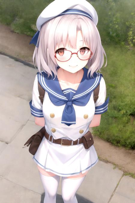 masterpiece, best quality,
1girl, standing, looking up, from above, looking at viewer, smile, arms behind her back, blush, outdoors,
neon \(nikke\) <lora:neon_nikke_v01:0.8>,
glasses, white beret, medium hair, white shirt, golden buttons on chest, sailor collar, blue collar, blue tie, white skirt, miniskirt, thighhighs with blue lines, belt pouch,