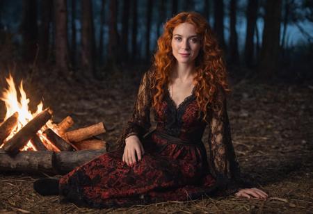 A captivating, cinematic night time photo of elegant beautiful woman sitting on the ground, around a campfire, hands on lap, smiling, age 40 with long curly orange hair and freckles. She is dressed in an exquisite, dark red and black gypsy dress adorned with intricate lace and gold thread patterns. Her long orange hair flows elegantly, and her eyes are a striking shade of red. Matching red slippers enhances her look. The background is covered wagon, a mystical, moonlit forest filled with mysterious glowing eyes, creating an atmosphere of supernatural enchantment., DarkFantasy, photo, cinematic,