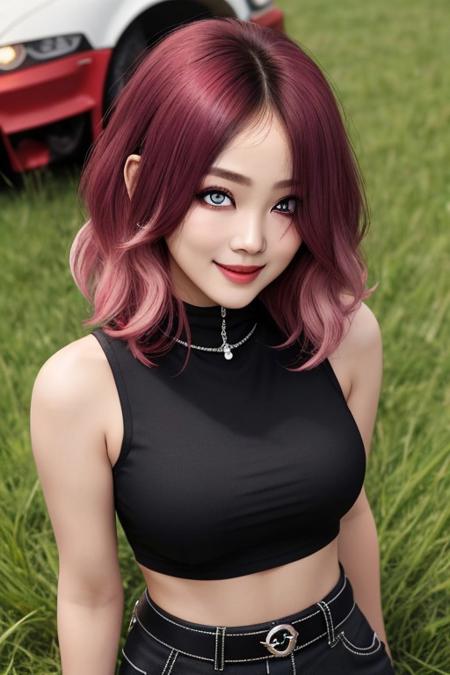 masterpiece,best quality,1 girl,solo,(Super beautiful woman German:1.3).(kind face:1.3).(kind eyes:1.3).ultra detailed face.round face.chiseled skin.thin eyebrows.pointy nose.dwarf,My eyes are a little sharp,(hair over one eye:1.3),medium length hair,cherry pink hair,cherry pink eyes,plump face,large breasts,(dark skin:1.3),glamorous,dark sleeveless high neck,dark cargo pants.laugh,university student,from the front,upper body、grassland