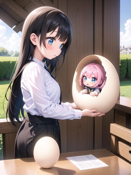 2 girls, are facing each other, holding cracked giant egg, a chibi girl into giant egg <lora:imprinting-001_0.7:1> <lora:no see through:1>