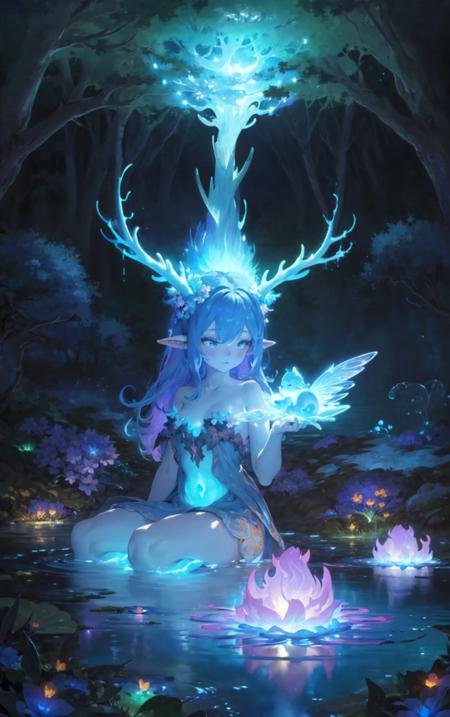 (masterpiece, top quality, best quality, beautiful and aesthetic:1.3), (1girl:1.3), (fractal art:1.3), original, extreme detailed, colorful, enchanted forest, nature, trees, dryad, antlers, pointy ears, flowers, active pose, full body, flower hair, bright color hair, glowing hair, divine, goddess, barefoot, doll face, upturned eyes, long eyelashes, animals, birds, sitting, (nude:0.5), looking away, ((glowing water)), middle of a lake, flower bed, ((wisps)), (night), petite