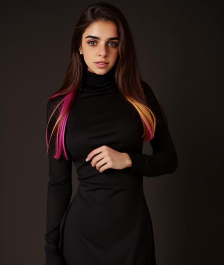 s3rb23, Sara Bustani, Black background, (Colorful dress Turtleneck), breast, close portrait photo, intricate color dress, girl