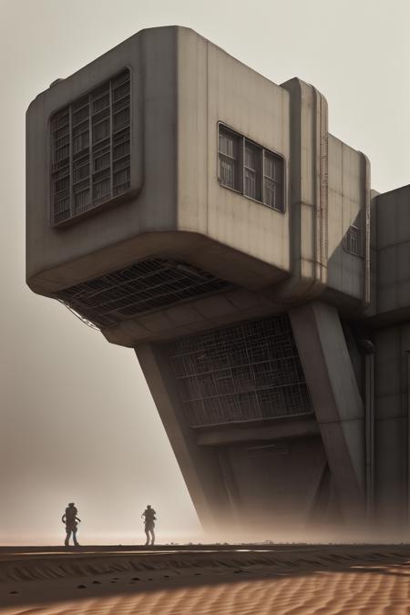 architecture, soviet architecture, photorealistic, retro, (soviet), (megastructure), low saturation, dirt, futuristic, concrete and shiny metal, details, texture, symmetric, dynamic light, film grain, desert, fog, mist, 
<lora:soviet_architecture_v1:0.5>