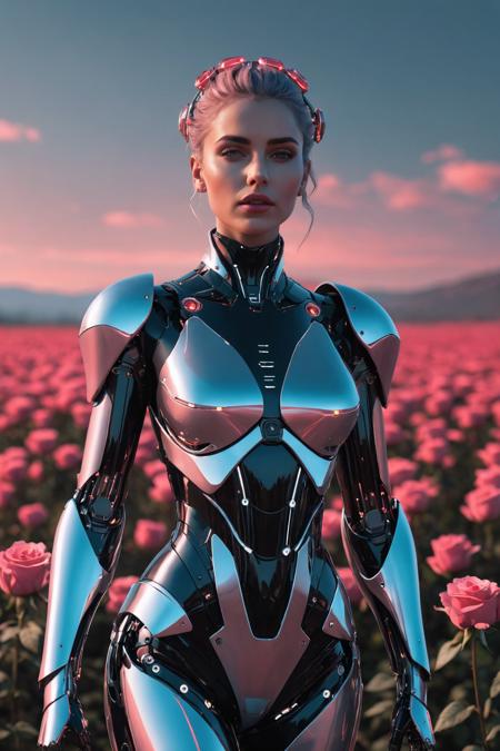 futuristic cyberpunk robot, female, glowing tubes, in a rose field, octane render, 8k resolution