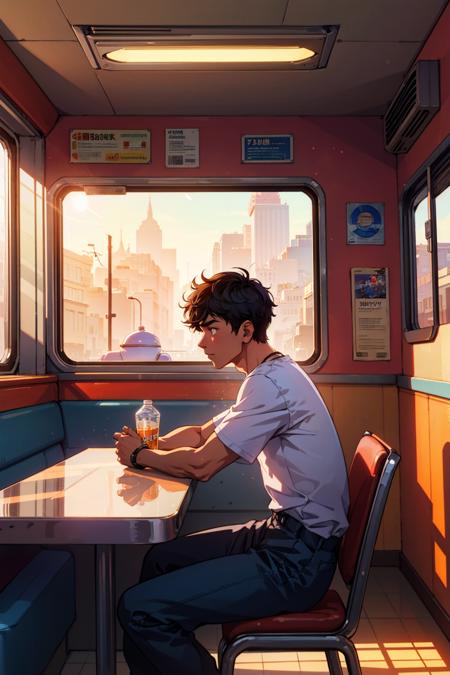 (masterpiece,best quality,absurdres,lineart:1),original design,1boy,in empty diner,retrofuturism,sunlight,godrays,dust particles,