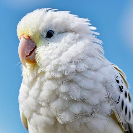 portrait, masterpiece, 4k, ray tracing, intricate details, highly detailed, hyper realistic, 8k RAW editorial photo.
a cute white budgie, head tilted and slightly blinking. The budgie's feathers should be soft and fluffy, the background should be a blue sky, dramatic light, shallow depth of field, high budget,