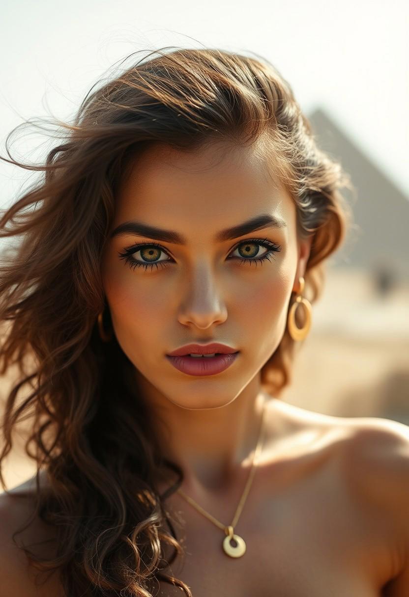 A young, cute adorable sexy egyptian woman with a mysterious aura, expressive eyes, mascara, and natural makeup. She has a cute long brown curly hair. Hair moved by strong breeze, She is wearing stylish gold necklace and Crescent earrings, which add subtle mystery to her look. Photo is taken outdoors, with midday sunlight. background is a blurred, on top of the pyramids, creating a beautiful bokeh effect. Camera, Sony A7R IV 85mm f/1.4 prime lens Aperture, f/1.4 to achieve a shallow depth of field, ensuring the background is beautifully blurred while keeping the subject's facial features in sharp focus Shutter Speed, 1/300 seconds to freeze any slight movements and maintain sharpness ISO 300, to keep noise to a minimum Focus on eyes to ensure they are the sharpest part of image White Balance Set to 'sunlight' to maintain the vibrant day light. Close-up shot, framing face and bare shoulders. Position the subject slightly off-center using rule of thirds to create a more dynamic composition. Eye-level angle to create a connection between subject and viewer Enhance bright vibrant tones and slightly boost the saturation of background to make the colors pop. Apply selective sharpening to eyes and lips to draw attention to these features, extremely detailed skin texture with skin imperfections and vellus hairs