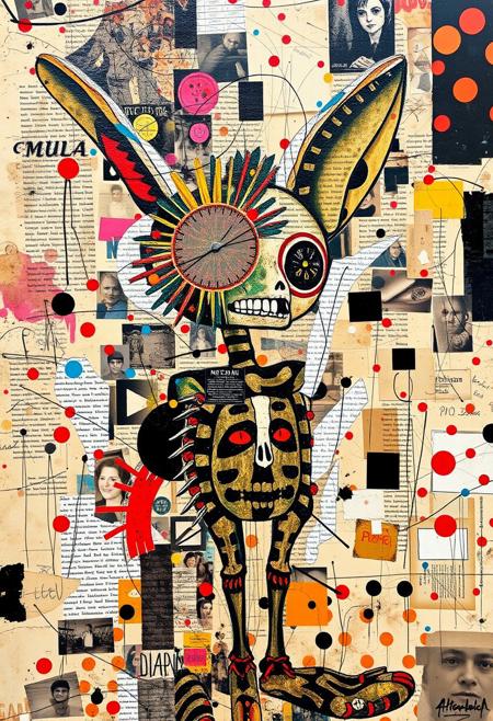 Outsider art. A surreal and deconstructed mixed-media collage in the style of Jacques Prévert with an urgent sense of chaos and energy. An analogue collage artwork blending fragmented styles, layers and textures. 
A Jean-Michel Basquiat illustration of a Mexican Day of the Dead Alebrije. 
Layered over this obscuring the image are multiple fragmented and overlapping layers of chaotic thick paint, splatters of paint, palette knife oil paint, handwritten scrawled text messages, torn photographs and broken distorted vintage photographs filling the canvas. 
Layers of repetition of brightly coloured dots in Yayoi Kusama style. Fragmented scribbles and abstract graffiti images in Jean-Michel Basquiat style over the top. This hides sections of the image below. Outlines roughly redrawn in black. The overall effect is manic and anarchic with an urgent sense of energy.