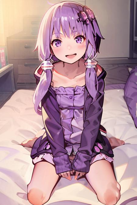 masterpiece, best quality,  <lora:YuzukiYukari-sver:1>,1girl, solo, yuzuki yukari, barefoot, blush, open mouth, sitting, purple hair, purple eyes, wariza, looking at viewer, pillow, dress, short hair with long locks, hair ornament, bare shoulders, collarbone, long hair, off shoulder, hood, jacket, smile, v arms, heart, purple dress, sidelocks, twintails, on bed