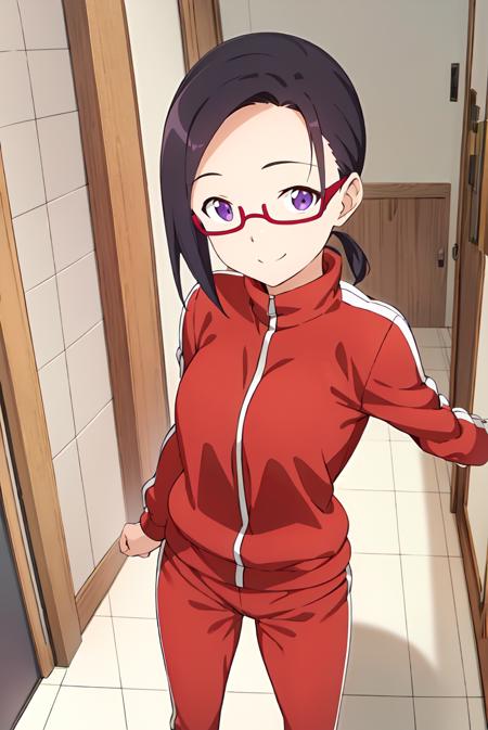 (extremely detailed CG unity 8k wallpaper), (masterpiece), (best quality), (ultra-detailed), (best illustration), (best shadow), (absurdres),  <lora:sakie-12:0.7>,sakie, 1girl, solo, glasses, black hair, full body, red-framed eyewear, smile, purple eyes, jacket, track suit, simple background, track jacket, semi-rimless eyewear, shoes, under-rim eyewear, pants, arm behind back, looking at viewer, sneakers, standing, track pants