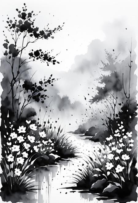 SLPASHTER_3-7000, ink-painting, ink wash,, ink wash painting,, white background,
sunlight, nature, outdoors, scenery, flowers, rain
 white background,, black silhouette, monochrome