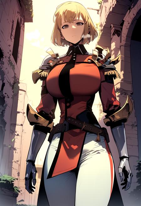 bangs, short hair, blonde hair, brown hair, brown eyes military uniform, red jacket, shoulder armor, belt, gauntlets, white pants white shirt, collared shirt, jeans, denim white shirt, short sleeves, collarbone, high-waist pants, black pants red jacket, track jacket, white shirt, t-shirt, denim, short shorts